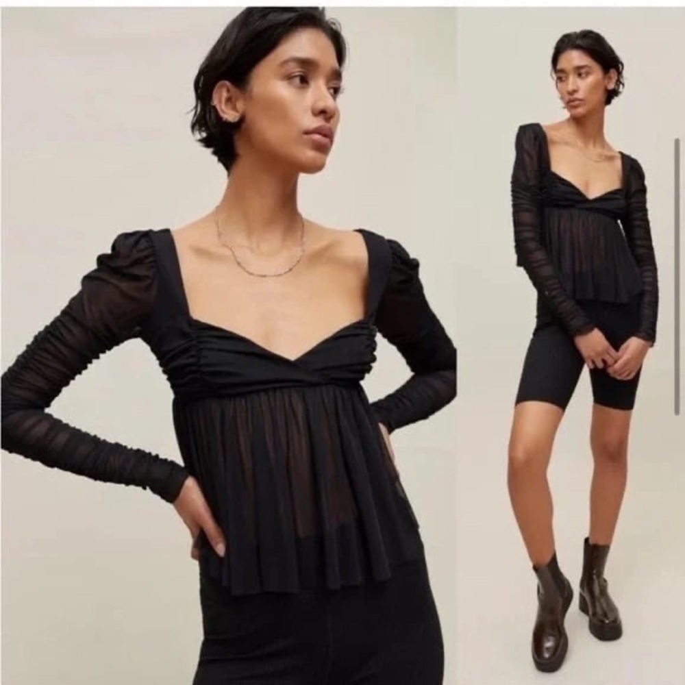 Urban Outfitters Black Mesh Ruched Long Sleeve Babydoll Top Sheer Blouse M